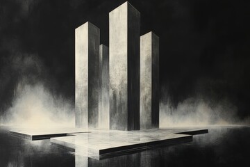 Monochromatic abstract; geometric structures; hazy atmosphere.