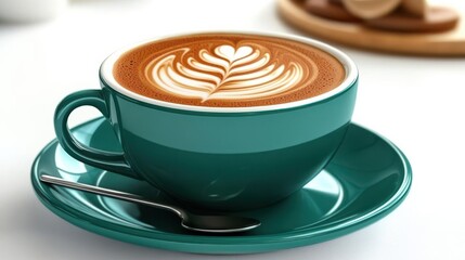 Coffee cup clip art showing a green ceramic cup of cappuccino with latte art at the top, isolated on a white background