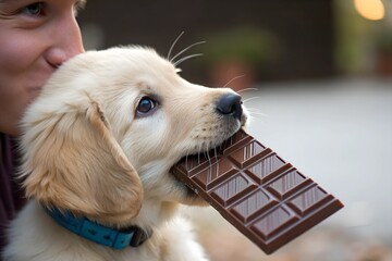  An adorable puppy playfully holding a chocolate bar in its mouth, evoking warmth, charm, and cuteness