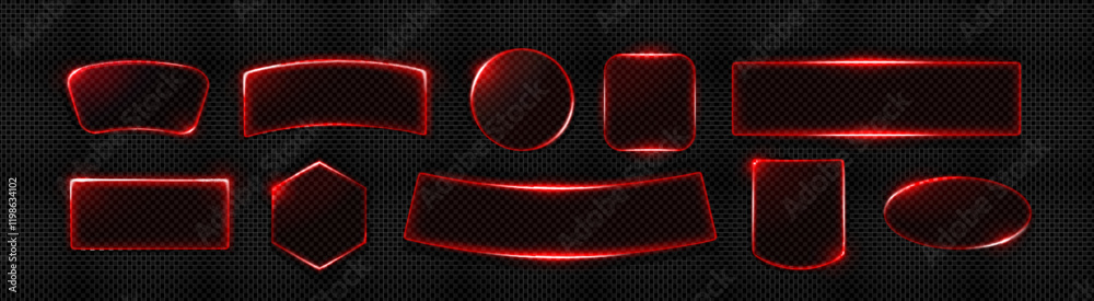 Poster red neon light frames set isolated on transparent background. vector realistic illustration of round