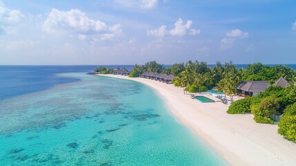 Fototapeta premium Luxurious tropical beach with overwater bungalows and clear blue water