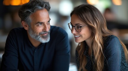 Naklejka premium Couple conversing cafe, blurred background, meeting