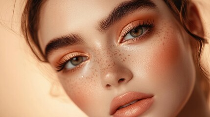 Peachy Keen: A Close-Up Portrait of a Young Woman with Freckles and Peach-Toned Makeup