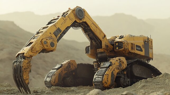 Autonomous construction robotics operating in rugged terrain desert environment digital art futuristic viewpoint