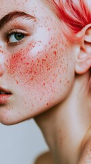 Obraz premium Close-Up a young woman with vibrant red hair Applying Liquid Foundation with Makeup Brush