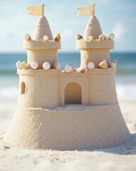 A detailed sandcastle with two towers, surrounded by seashells, set against a serene beach backdrop.