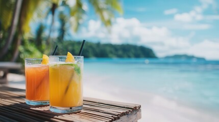 Refreshing tropical cocktails on bamboo table by beach