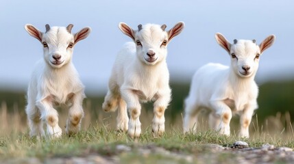 Fototapeta premium Three baby goats running in a field. Perfect for children's books, greeting cards