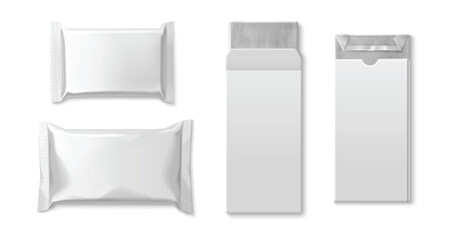 Chocolate bar mockup set with blank wrapper templates - foil sealed snack packets, cardboard boxes with flaps and paper sleeves. Clean white surface packaging design for branding presentation.