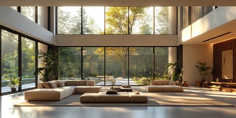 Fototapeta premium Modern Minimalist Living Room with Expansive Garden Views
