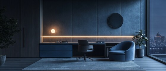 Night city view modern office interior design