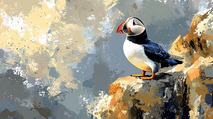 A Puffin Perched on a Cliffside, Captured in a Vibrant, Impressionistic Painting Style.