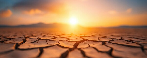 Sunset Over Dry Cracked Earth Highlighting Climate Change Effects