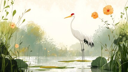 Fototapeta premium Serene White Crane Standing in a Calm Pond Surrounded by Lush Greenery and Delicate Orange Flowers.