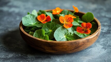 Vibrant Nasturtium Salad in Wooden Bowl