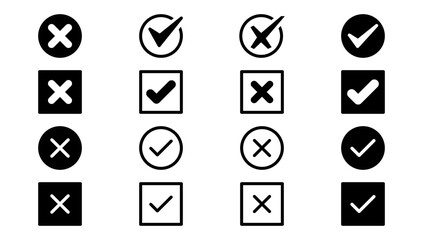 Check box tick mark icon set black button correct right wrong buttons or yes or no checkmark black cross black tick vector illustration. Outline and filed icon.