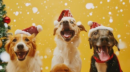 Joyful canines celebrate christmas on a yellow backdrop