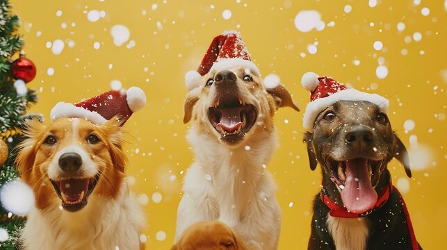 Joyful canines celebrate christmas on a yellow backdrop