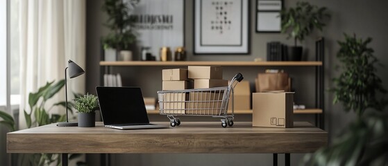 Online shopping cart on desk, home office