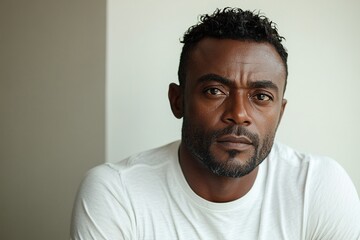 A close-up portrait of a man with curly hair, expressing a serious and contemplative demeanor.
