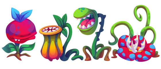 Scary carnivorous plant monsters with sharp teeth. Fantasy garden creatures - pink blossom, orange spotted pitcher, green serpentine stem with fangs, spotted predator flower for game design.