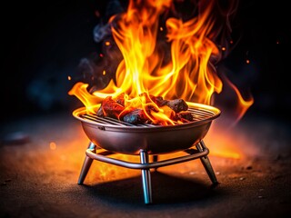 Miniature Hot Empty Portable BBQ Grill with Flaming Charcoal on Black Background - Tilt-Shift Photography
