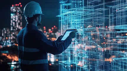 Architect reviewing digital plans at night urban setting architectural visualization technology environment