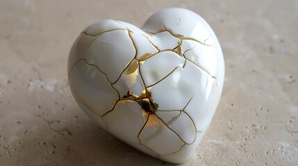 On a beige origin a white porcelain ceramic heart with golden breaks