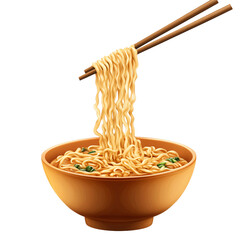Noodles in Bowl: A tempting bowl of noodles, lifted delicately with chopsticks, showcases the golden, wavy texture of the noodles and hints at a savory broth.