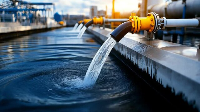 Industrial water pipeline releasing flowing water into a large tank.