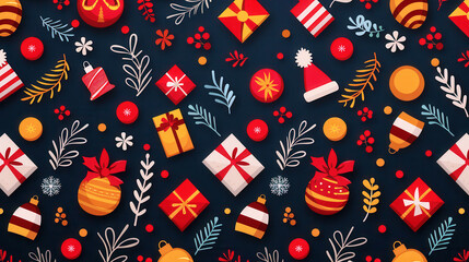 Colorful Christmas-themed pattern with gifts, ornaments, and festive elements.
