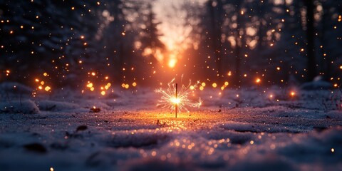 Naklejka premium Sparkling Winter Wonderland: A magical sunset scene with a single burning sparkler in a snowy forest, creating a warm and enchanting atmosphere.
