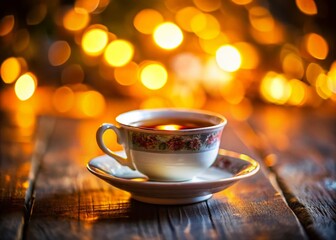 Miniature World: A Delicate White Porcelain Teacup with Dark Tea, Tilt-Shift Photography