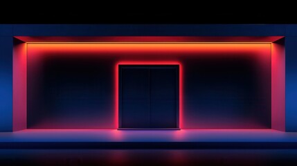 Neon-lit doorway against a dark background in a minimalist setting.