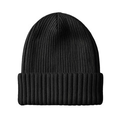 A ribbed beanie hat in black color against a plain isolated on transparent background PNG  