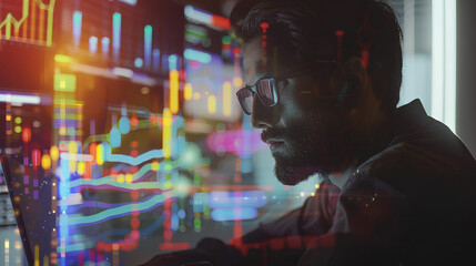A professional working on a laptop with futuristic financial graphs and analytics projected in the background

