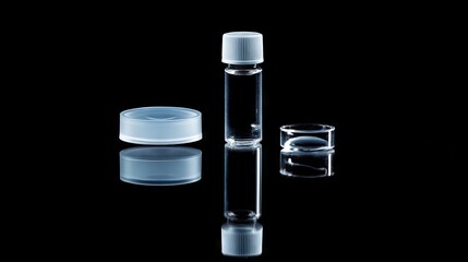 15.A close-up view of a transparent contact lens balanced on a fingertip, accompanied by a bottle of solution and a compact lens case, displayed on a sleek reflective surface.