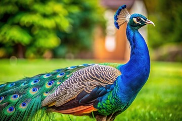 Obraz premium Macro Photography: Majestic Blue Peacock on Lush Green Lawn - Stunning Bird Close Up