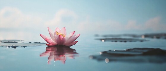 Pink lotus flower floats on calm water, serene sky background.  Spa, meditation image