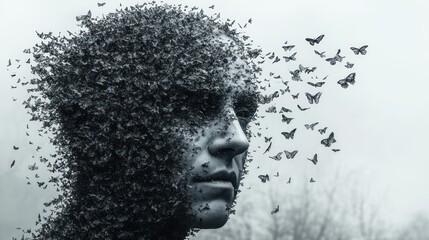 Man's face transforming into butterflies, outdoors, misty background, mental health concept