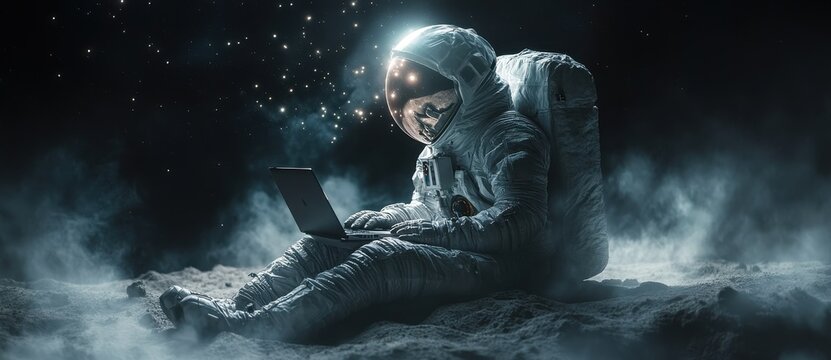 Futuristic astronaut working on a laptop while seated on the moon