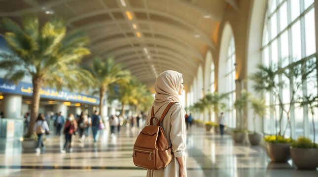 Woman exploring King Khalid International Airport in Riyadh, Saudi Arabia (Travel)