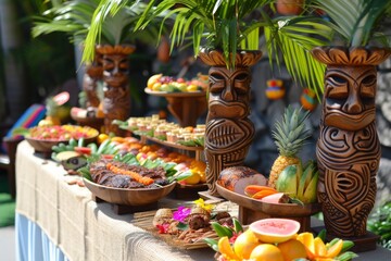 Fototapeta premium An exotic Hawaiian Luau themed birthday party with vibrant decorations, tropical fruits, and a variety of delicious foods set up on the table during a sunny afternoon