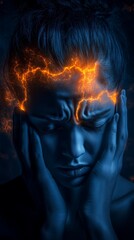 Fototapeta premium Emotional expression of pain and struggle illuminated by vibrant light at dusk