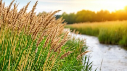 Fototapeta premium Vibrant grass sways beside a winding river under a warm sunset, creating a serene and picturesque natural landscape.