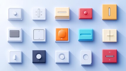 33.A collection of toggle switches in flat design style, showcasing various states and positions, including active and inactive modes, rendered with minimalist shadows on a clean background.