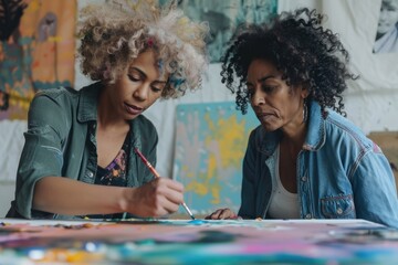 Fototapeta premium Biracial women upcycle table at home with different hair types.