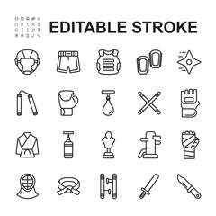 set of martial arts icons. Thin line vector. Contains icons of various martial arts training tools.