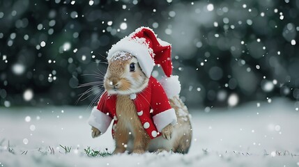 Tiny rabbit dressed as santa claus after a snowfall
