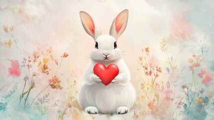 44.A cute white rabbit illustration sitting in the center of a greeting card, holding a bright red heart with its paws, surrounded by soft pastel colors and decorative floral accents.